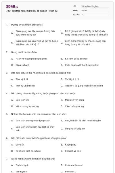 700+ câu trắc nghiệm Da liễu có đáp án - Phần 13