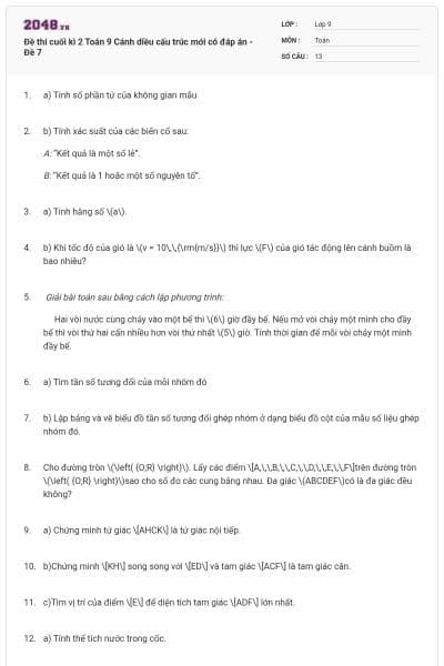 Đề thi cuối kì 2 Toán 9 Cánh diều cấu trúc mới có đáp án - Đề 7