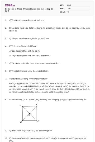 Đề thi cuối kì 2 Toán 9 Cánh diều cấu trúc mới có đáp án - Đề 8