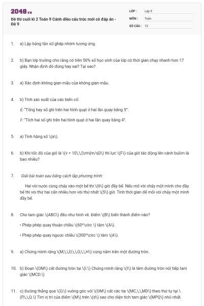Đề thi cuối kì 2 Toán 9 Cánh diều cấu trúc mới có đáp án - Đề 9
