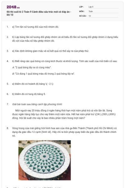 Đề thi cuối kì 2 Toán 9 Cánh diều cấu trúc mới có đáp án - Đề 10
