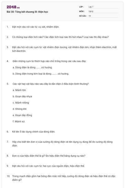 Bài 30: Tổng kết chương III: Điện học