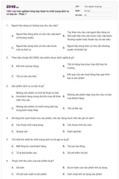 100+ câu trắc nghiệm tổng hợp Quản trị chất lượng dịch vụ có đáp án - Phần 1