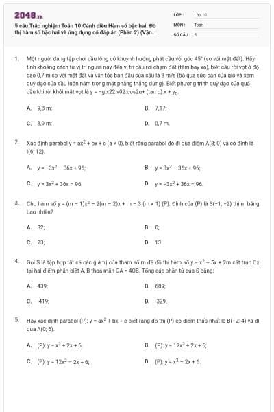 5 câu Trắc nghiệm Toán 10 Cánh diều Hàm số bậc hai. Đồ thị hàm số bậc hai và ứng dụng có đáp án (Phần 2) (Vận dụng)