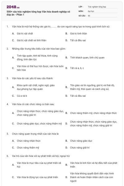500+ câu trắc nghiệm tổng hợp Văn hóa doanh nghiệp có đáp án - Phần 1