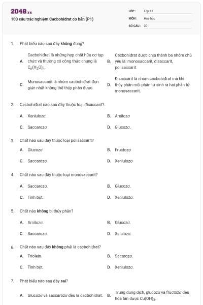 100 câu trắc nghiệm Cacbohidrat cơ bản (P1)