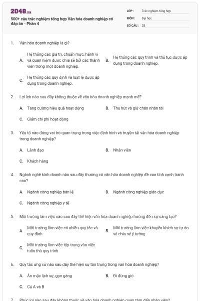 500+ câu trắc nghiệm tổng hợp Văn hóa doanh nghiệp có đáp án - Phần 4
