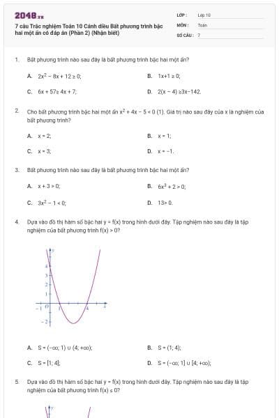 7 câu Trắc nghiệm Toán 10 Cánh diều Bất phương trình bậc hai một ẩn có đáp án (Phần 2) (Nhận biết)