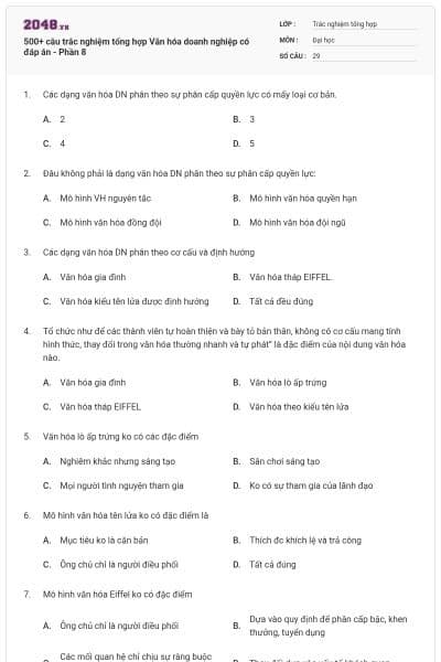 500+ câu trắc nghiệm tổng hợp Văn hóa doanh nghiệp có đáp án - Phần 8