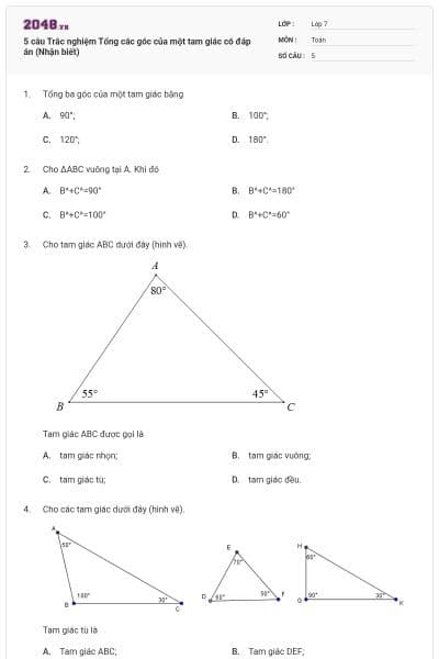 5 câu Trắc nghiệm Tổng các góc của một tam giác có đáp án (Nhận biết)