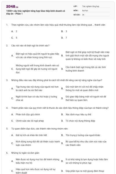 1000+ câu trắc nghiệm tổng hợp Giao tiếp kinh doanh có đáp án - Phần 1