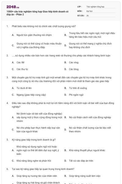 1000+ câu trắc nghiệm tổng hợp Giao tiếp kinh doanh có đáp án - Phần 2