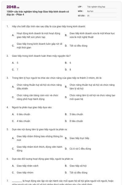 1000+ câu trắc nghiệm tổng hợp Giao tiếp kinh doanh có đáp án - Phần 4
