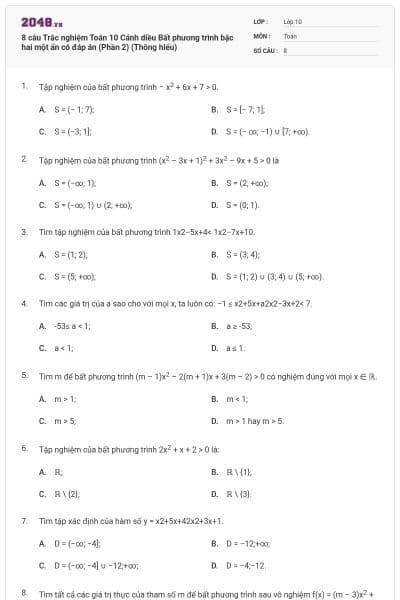 8 câu Trắc nghiệm Toán 10 Cánh diều Bất phương trình bậc hai một ẩn có đáp án (Phần 2) (Thông hiểu)