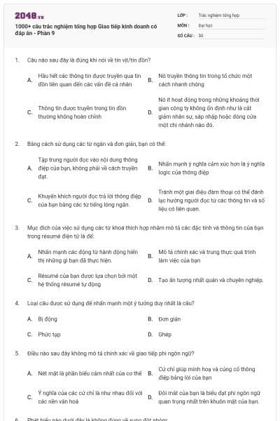 1000+ câu trắc nghiệm tổng hợp Giao tiếp kinh doanh có đáp án - Phần 9