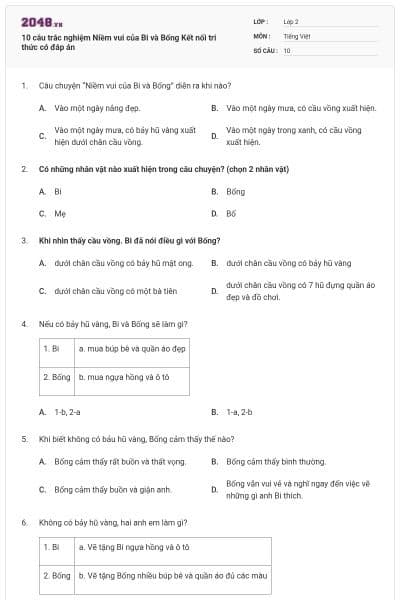 10 câu trắc nghiệm Niềm vui của Bi và Bống Kết nối tri thức có đáp án