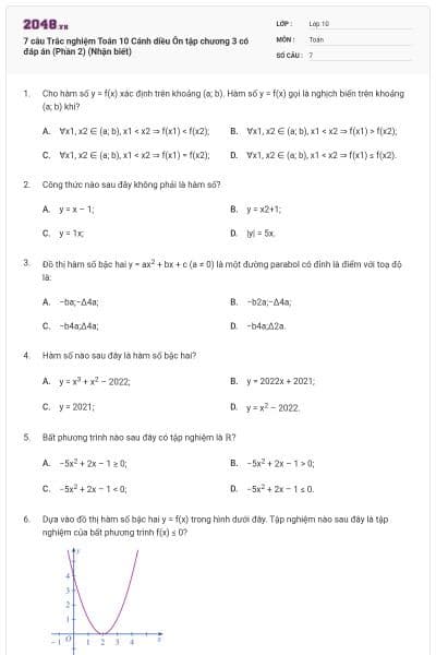 7 câu Trắc nghiệm Toán 10 Cánh diều Ôn tập chương 3 có đáp án (Phần 2) (Nhận biết)