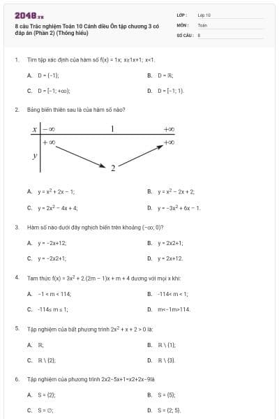 8 câu Trắc nghiệm Toán 10 Cánh diều Ôn tập chương 3 có đáp án (Phần 2) (Thông hiểu)
