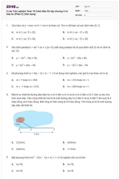 5 câu Trắc nghiệm Toán 10 Cánh diều Ôn tập chương 3 có đáp án (Phần 2) (Vận dụng)