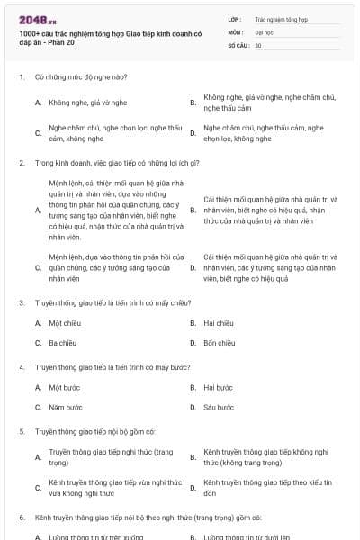1000+ câu trắc nghiệm tổng hợp Giao tiếp kinh doanh có đáp án - Phần 20