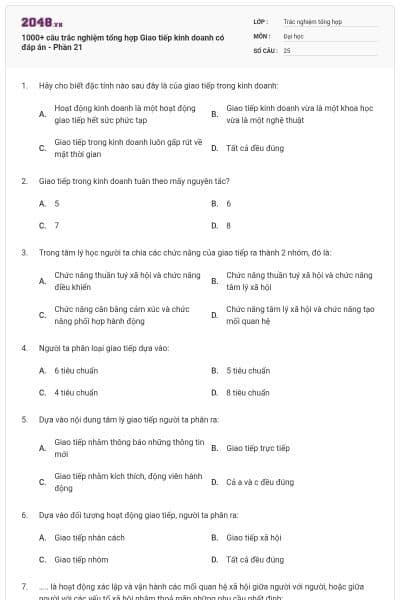 1000+ câu trắc nghiệm tổng hợp Giao tiếp kinh doanh có đáp án - Phần 21