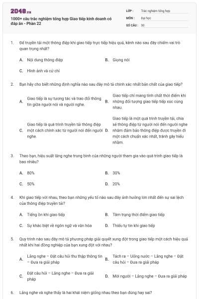 1000+ câu trắc nghiệm tổng hợp Giao tiếp kinh doanh có đáp án - Phần 22