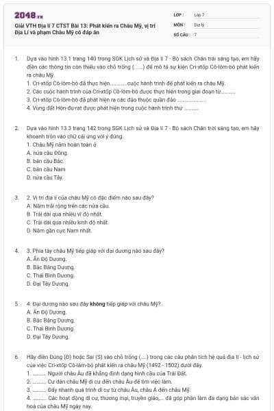 Giải VTH Địa lí 7 CTST Bài 13: Phát kiến ra Châu Mỹ, vị trí Địa Lí và phạm Châu Mỹ có đáp án