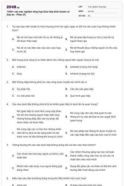 1000+ câu trắc nghiệm tổng hợp Giao tiếp kinh doanh có đáp án - Phần 25