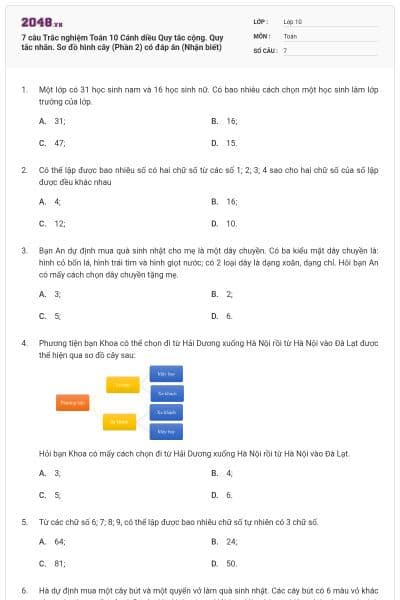 7 câu Trắc nghiệm Toán 10 Cánh diều Quy tắc cộng. Quy tắc nhân. Sơ đồ hình cây (Phần 2) có đáp án (Nhận biết)