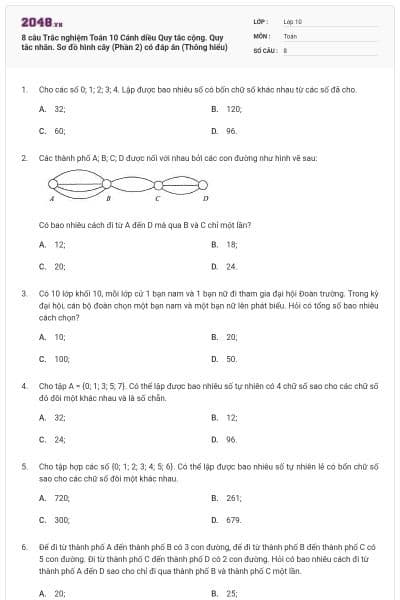 8 câu Trắc nghiệm Toán 10 Cánh diều Quy tắc cộng. Quy tắc nhân. Sơ đồ hình cây (Phần 2) có đáp án (Thông hiểu)