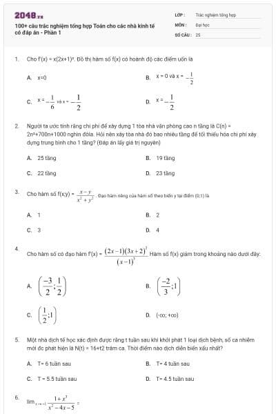 100+ câu trắc nghiệm tổng hợp Toán cho các nhà kinh tế có đáp án - Phần 1