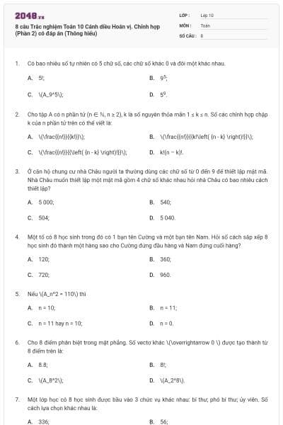 8 câu Trắc nghiệm Toán 10 Cánh diều Hoán vị. Chỉnh hợp (Phần 2) có đáp án (Thông hiểu)