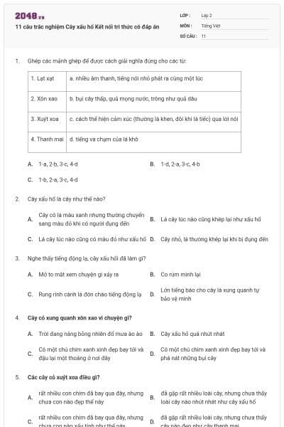 11 câu trắc nghiệm Cây xấu hổ Kết nối tri thức có đáp án