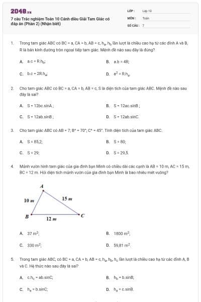 7 câu Trắc nghiệm Toán 10 Cánh diều Giải Tam Giác có đáp án (Phần 2) (Nhận biết)