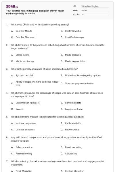 100+ câu trắc nghiệm tổng hợp Tiếng anh chuyên ngành marketing có đáp án - Phần 1