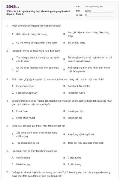 300+ câu trắc nghiệm tổng hợp Marketing công nghệ số có đáp án - Phần 6