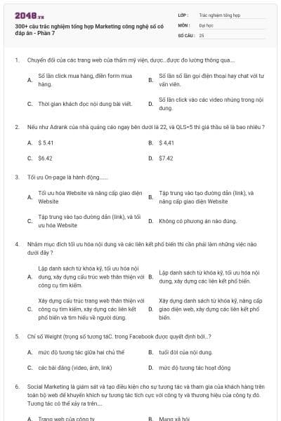300+ câu trắc nghiệm tổng hợp Marketing công nghệ số có đáp án - Phần 7