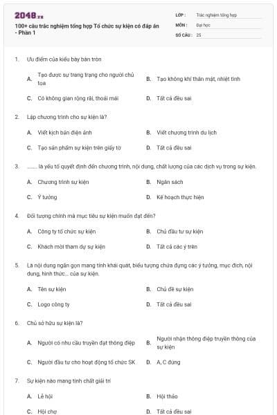 100+ câu trắc nghiệm tổng hợp Tổ chức sự kiện có đáp án - Phần 1