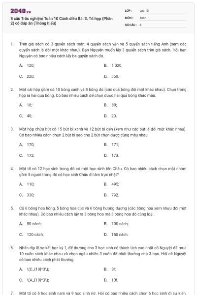 8 câu Trắc nghiệm Toán 10 Cánh diều Bài 3. Tổ hợp (Phần 2) có đáp án (Thông hiểu)