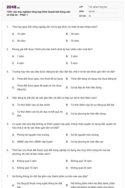 100+ câu trắc nghiệm tổng hợp Kinh doanh bất động sản có đáp án - Phần 1