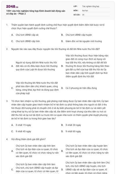 100+ câu trắc nghiệm tổng hợp Kinh doanh bất động sản có đáp án - Phần 2