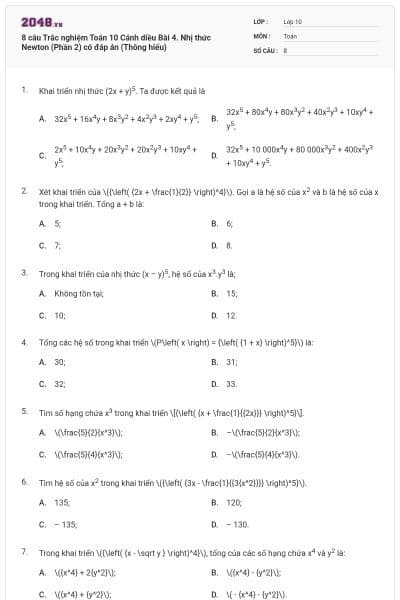 8 câu Trắc nghiệm Toán 10 Cánh diều Bài 4. Nhị thức Newton (Phần 2) có đáp án (Thông hiểu)