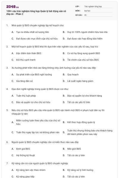 100+ câu trắc nghiệm tổng hợp Quản lý bất động sản có đáp án - Phần 2