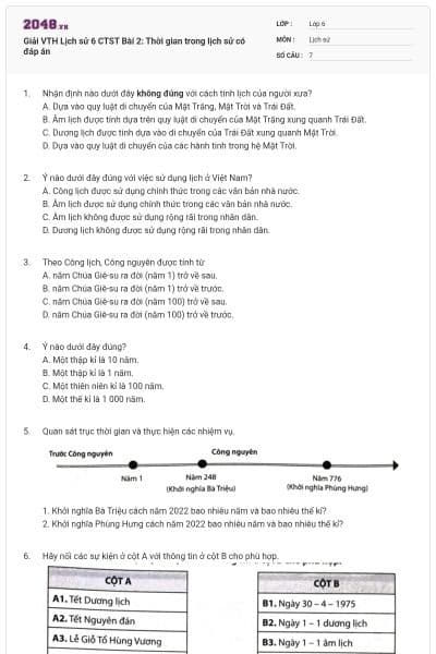 Giải VTH Lịch sử 6 CTST Bài 2: Thời gian trong lịch sử có đáp án