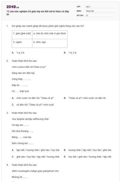 12 câu trắc nghiệm Cô giáo lớp em Kết nối tri thức có đáp án