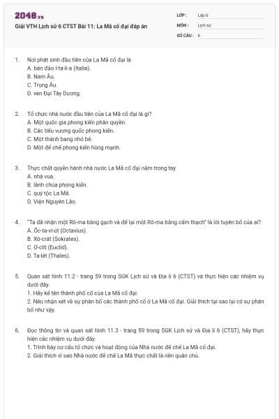 Giải VTH Lịch sử 6 CTST Bài 11: La Mã cổ đại đáp án