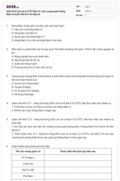 Giải VTH Lịch sử 6 CTST Bài 12: Các vương quốc Đông Nam Á trước thế kỉ X có đáp án