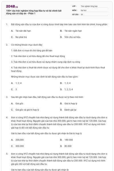 100+ câu trắc nghiệm tổng hợp Đầu tư và tài chính bất động sản có đáp án - Phần 1