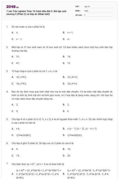 7 câu Trắc nghiệm Toán 10 Cánh diều Bài 5. Bài tập cuối chương 5 (Phần 2) có đáp án (Nhận biết)