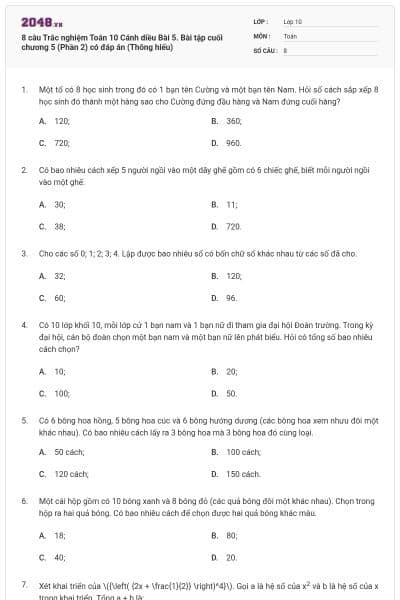 8 câu Trắc nghiệm Toán 10 Cánh diều Bài 5. Bài tập cuối chương 5 (Phần 2) có đáp án (Thông hiểu)